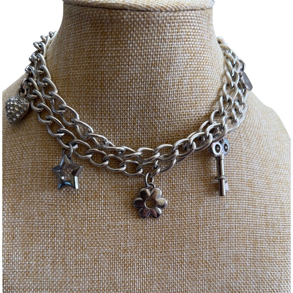 Silver Tone Double Strand Chunky Charm Necklace Heart Star Key Flower Y2K Grunge